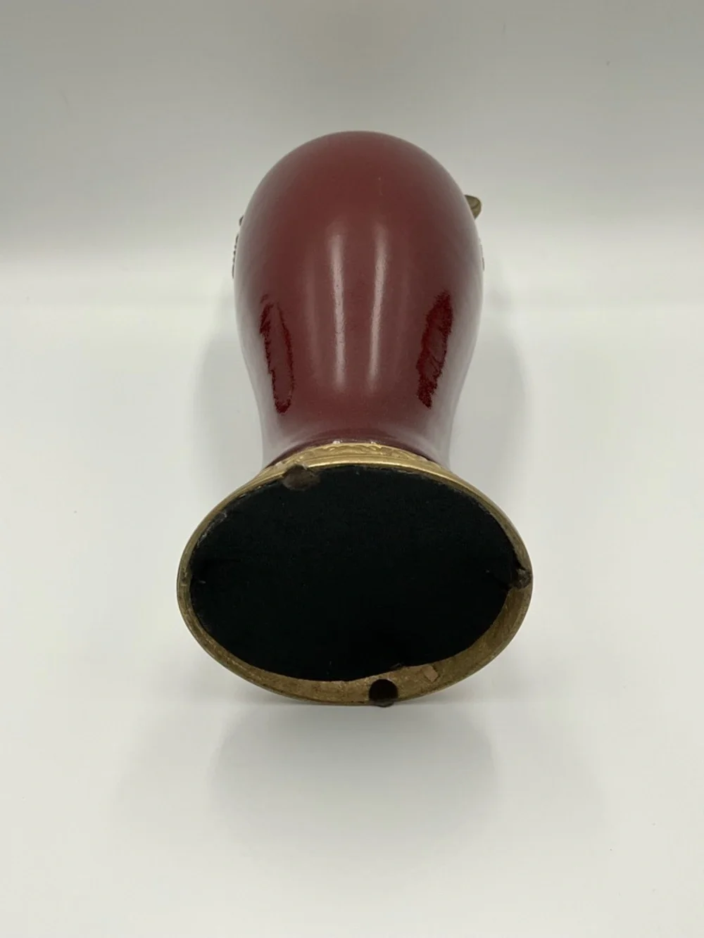 Vintage Porcelain Vase Oxblood Red Glaze Gilt Bronze Mounts Scroll Handles